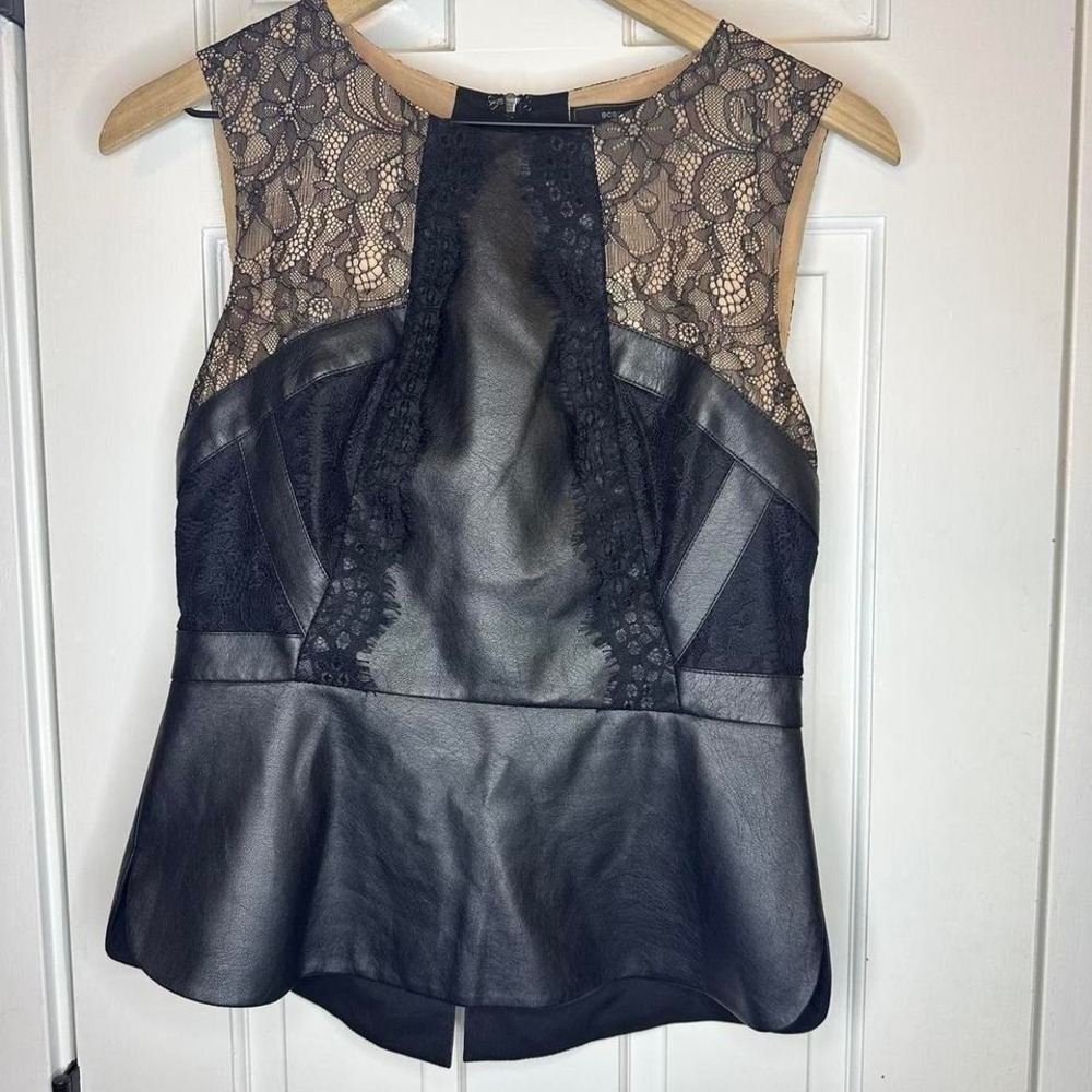 BCBGMAXAZRIA Black Faux Leather and Lace Peplum Top Sleeveless Size S
